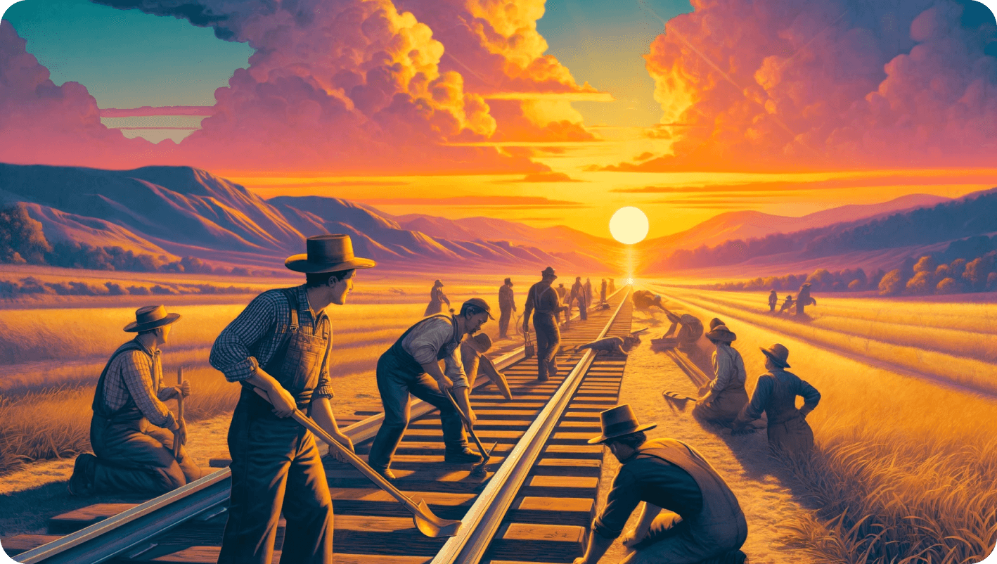 Railroad workers laying tracks against a sunset mountain landscape